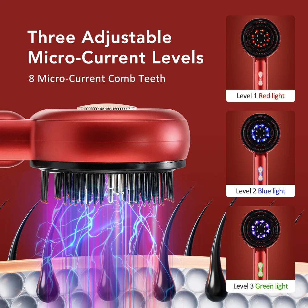 A red electric scalp massage comb with three adjustable micro-current levels and LED lights