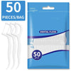 A blue pouch containing 50 pieces of dental floss and plastic toothpicks.