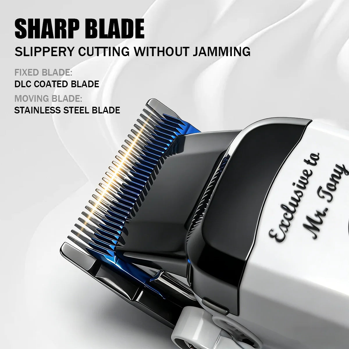 A close-up of a black and silver electric hair clipper with a sharp blade and moving blade assembly.