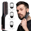 A man is using a black electric beard straightener, demonstrating different beard styles.