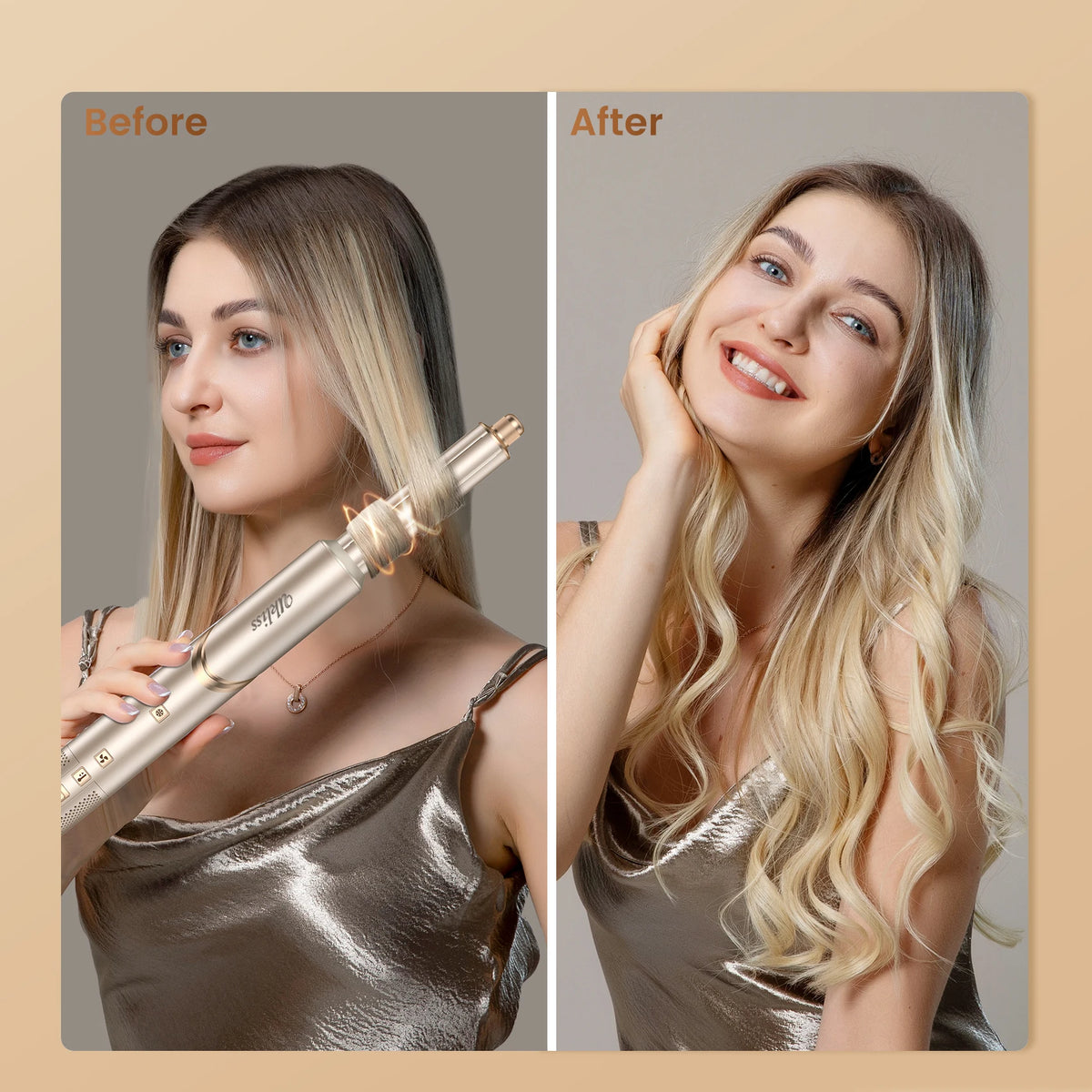 Vorher-Nachher-Vergleich einer Haartrockenbürste zur Haarstyling.