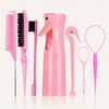 A pink 7-in-1 hair styling tool set featuring a comb, brush, and sprayer combo.