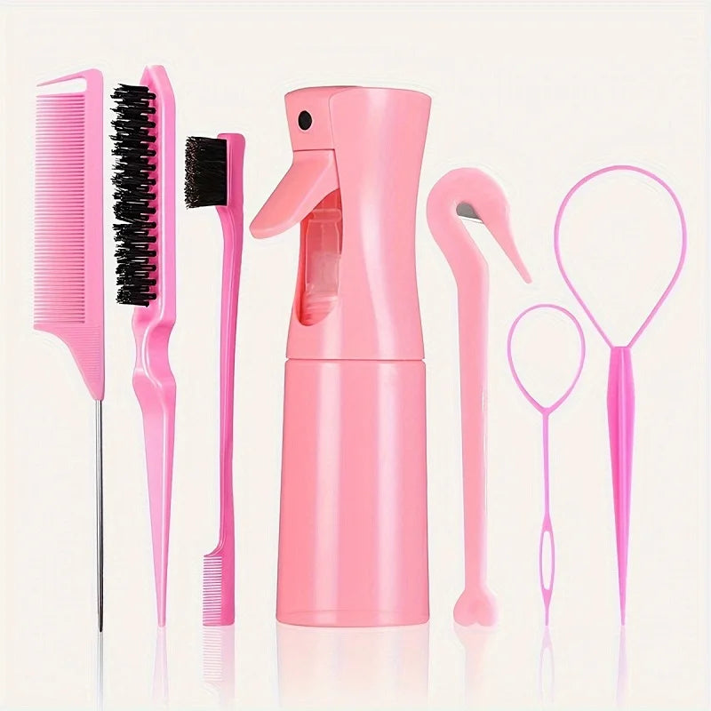 A pink 7-in-1 hair styling tool set featuring a comb, brush, and sprayer combo.