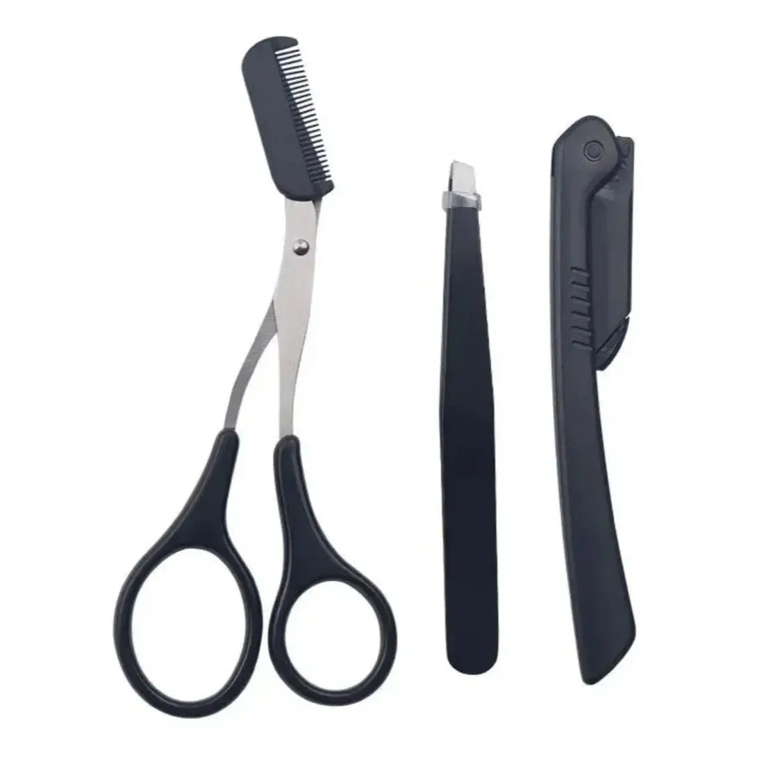 Stainless steel eyebrow trimmer kit showing a grooming tool and a trimmer blade.