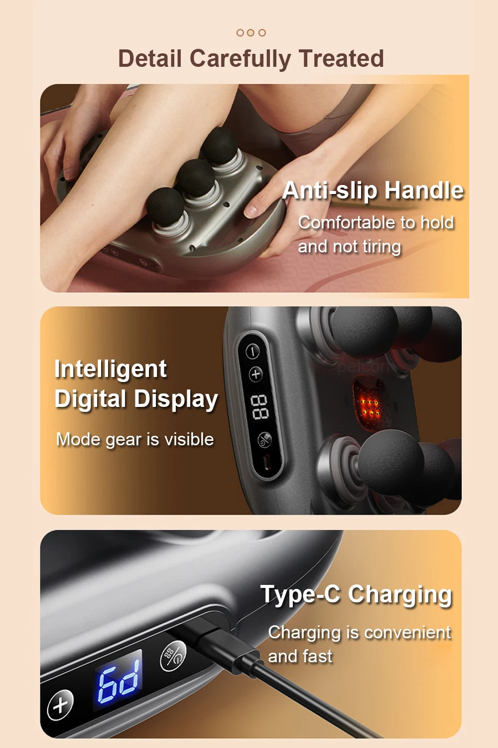 Nahaufnahmen einer Massagepistole mit rutschfester Grifffläche, digitaler Anzeige und Type-C-Ladeanschluss.