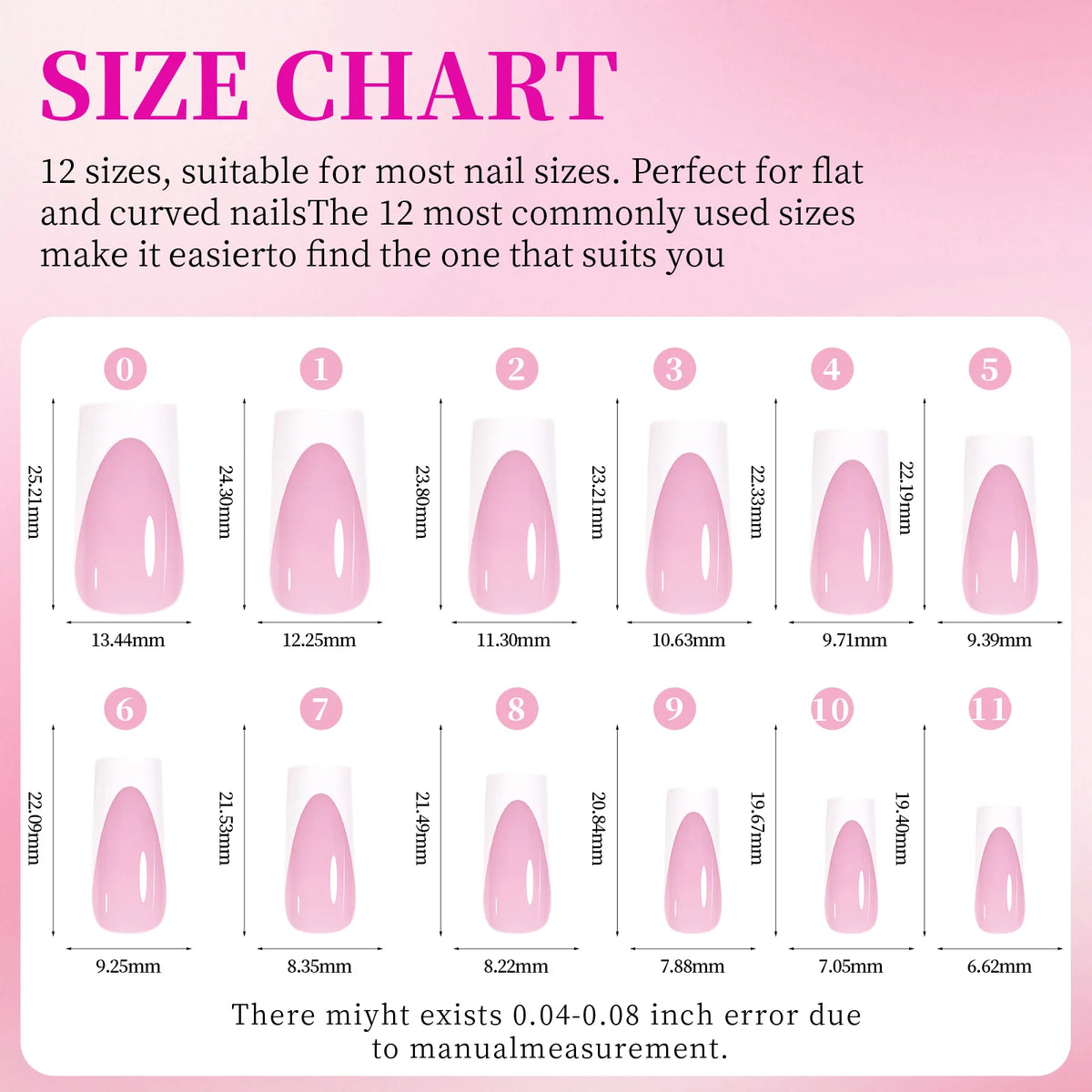 Size chart showing 12 nail sizes ranging from 9.39mm to 25.21mm for press-on nails