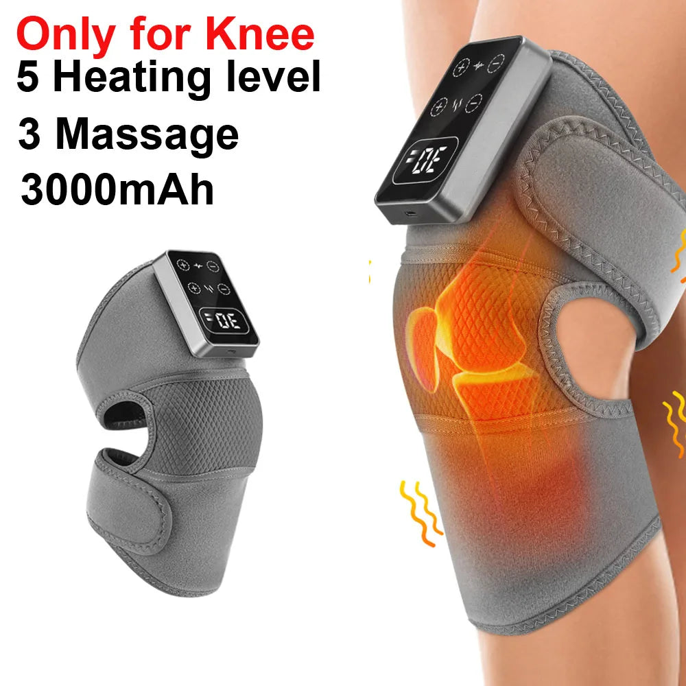 A gray electric knee massager and heat therapy pad is shown on a person's knee.
