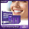 Box of 14 Gentle Purple Teeth Whitening Strips next to a woman smiling and showing white teeth