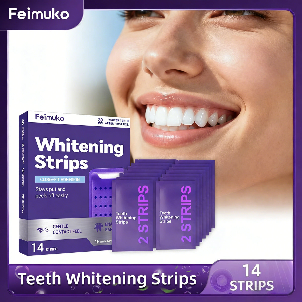 Box of 14 Gentle Purple Teeth Whitening Strips next to a woman smiling and showing white teeth