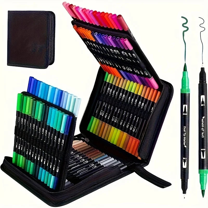 A black portable case holds a set of 12 vibrant dual-head art markers in various colors for drawing and coloring.