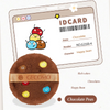 Jouet en peluche en forme de pois chocolat brun avec des accents or et bleu, à côté d'une carte d'identité.