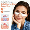 Una mujer usa un masajeador de ojos con luz blanca y roja para relajar sus ojos brillantes.