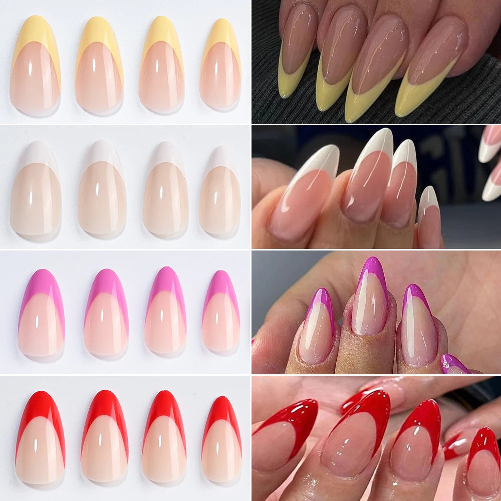 A collection of press-on nails featuring various shades and designs, including solid colors and leopard print patterns.