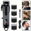 A black professional cordless hair clipper with multiple guard attachments and a charging cable shown in various angles.