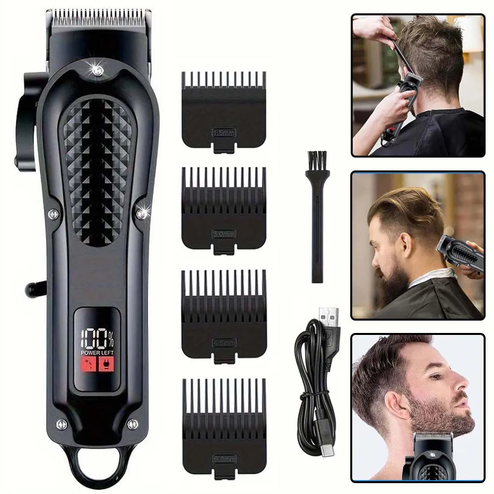 A black professional cordless hair clipper with multiple guard attachments and a charging cable shown in various angles.