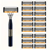 A black safety razor with a silver handle and multiple interchangeable blades shown vertically.