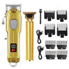 A professional cordless hair clipper set showing a gold and black device with various attachments.
