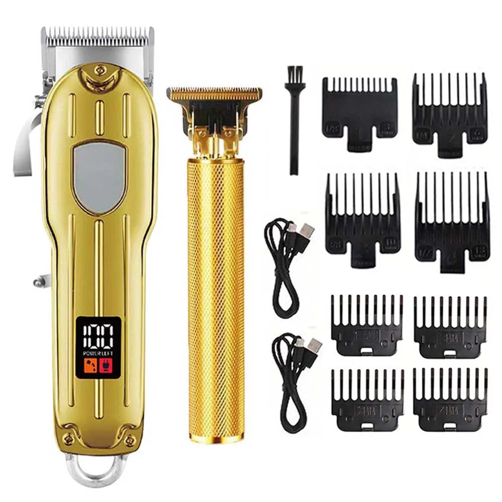 A professional cordless hair clipper set showing a gold and black device with various attachments.
