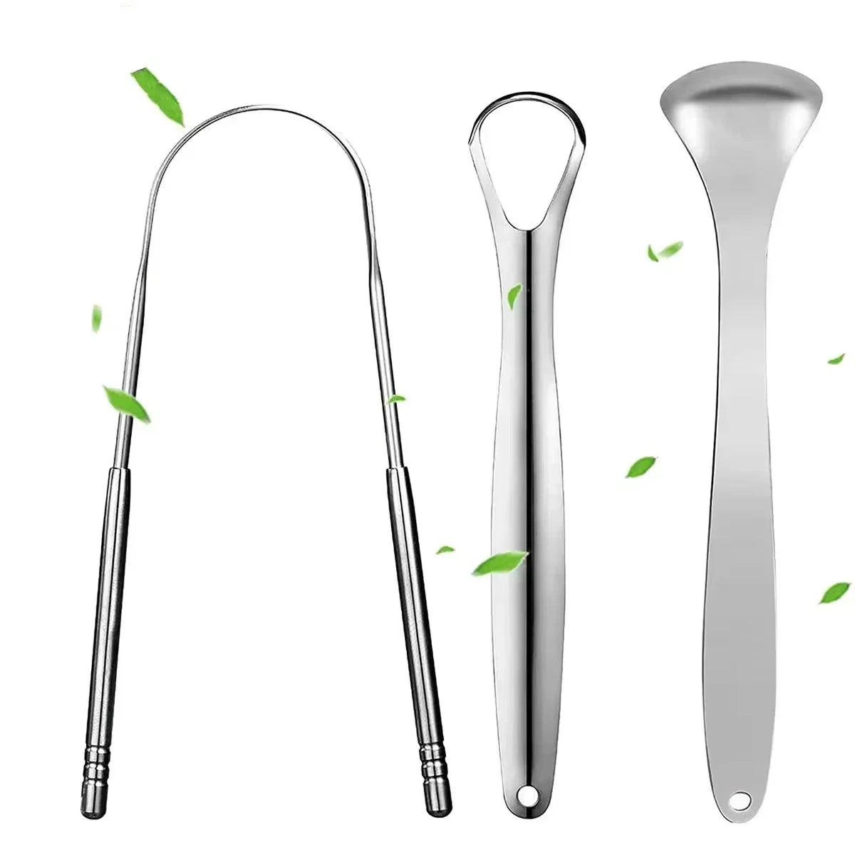 A set of stainless steel tongue scrapers, including a long curved scraper and a spoon-shaped scraper.