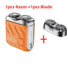 A portable shaver unit and a replacement blade are shown next to each other.