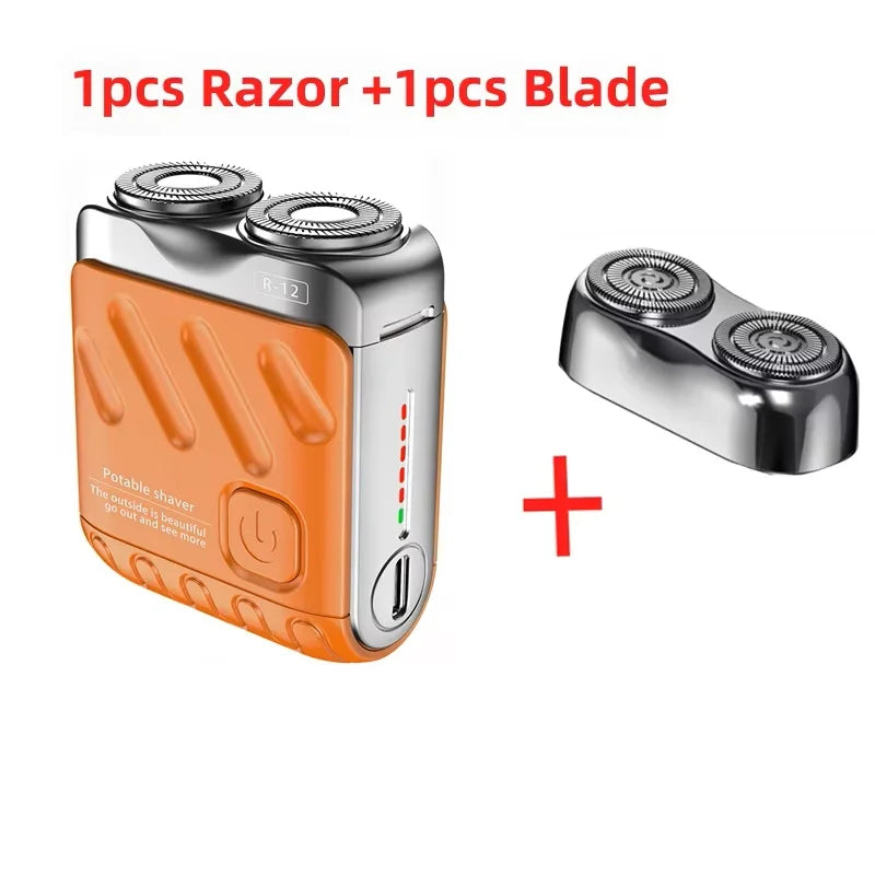 A portable shaver unit and a replacement blade are shown next to each other.