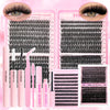 A set of DIY eyelash extension tools including lash strips, bond remover, and tweezers for applying false eyelashes.