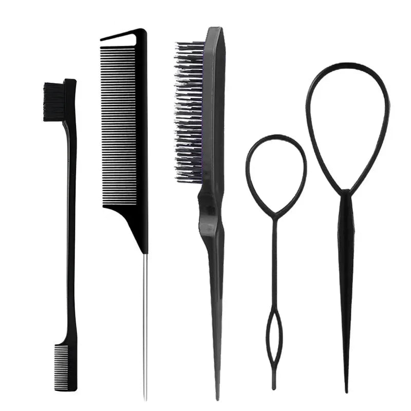 A set of black hair styling combs and brushes for voluminous looks.
