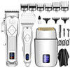 A set of three professional electric hair clippers and shavers in silver and black.