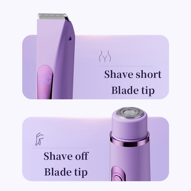 Afeitadora eléctrica morada con punta de cuchilla corta y punta de afeitar mostradas en dos modos diferentes.
