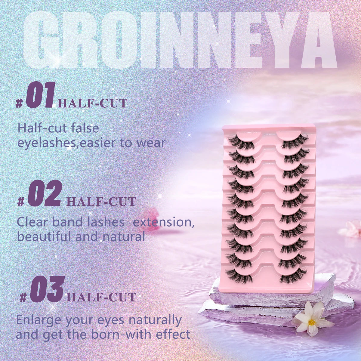 A display of three types of half-cut false eyelashes, including half-cut fake eyelashes and clear band lashes.