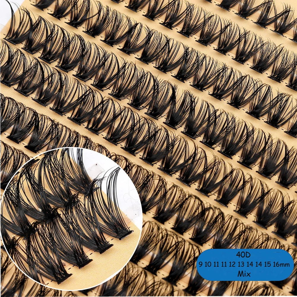 Close-up view of DIY fan-shaped mink cluster lashes in various sizes and mixes arranged on a grid.