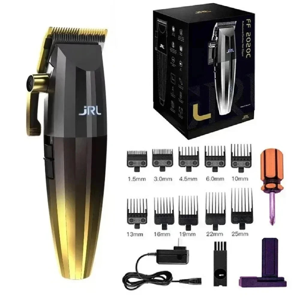 A professional rechargeable hair clipper with a gold and black finish, showing various blade attachments.