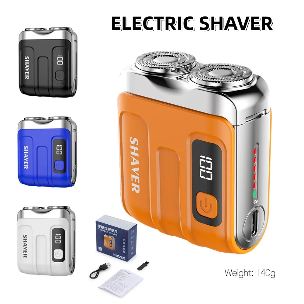 An orange and silver electric shaver with a black body and accessories shown in various views.