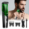 A man is holding a green precision rechargeable beard trimmer with various attachments and a charging cable.