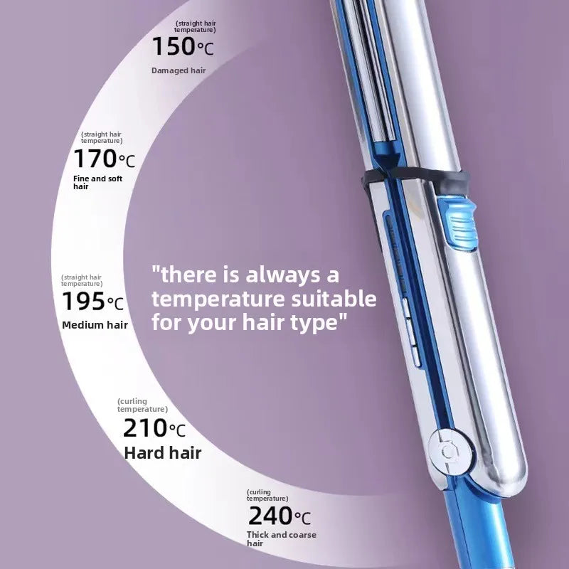 A close-up view of a blue hair styling iron showing various temperature settings for different hair types.