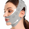A woman is shown wearing a gray lymphatic sculpting bandage on her face and ear, demonstrating its use.