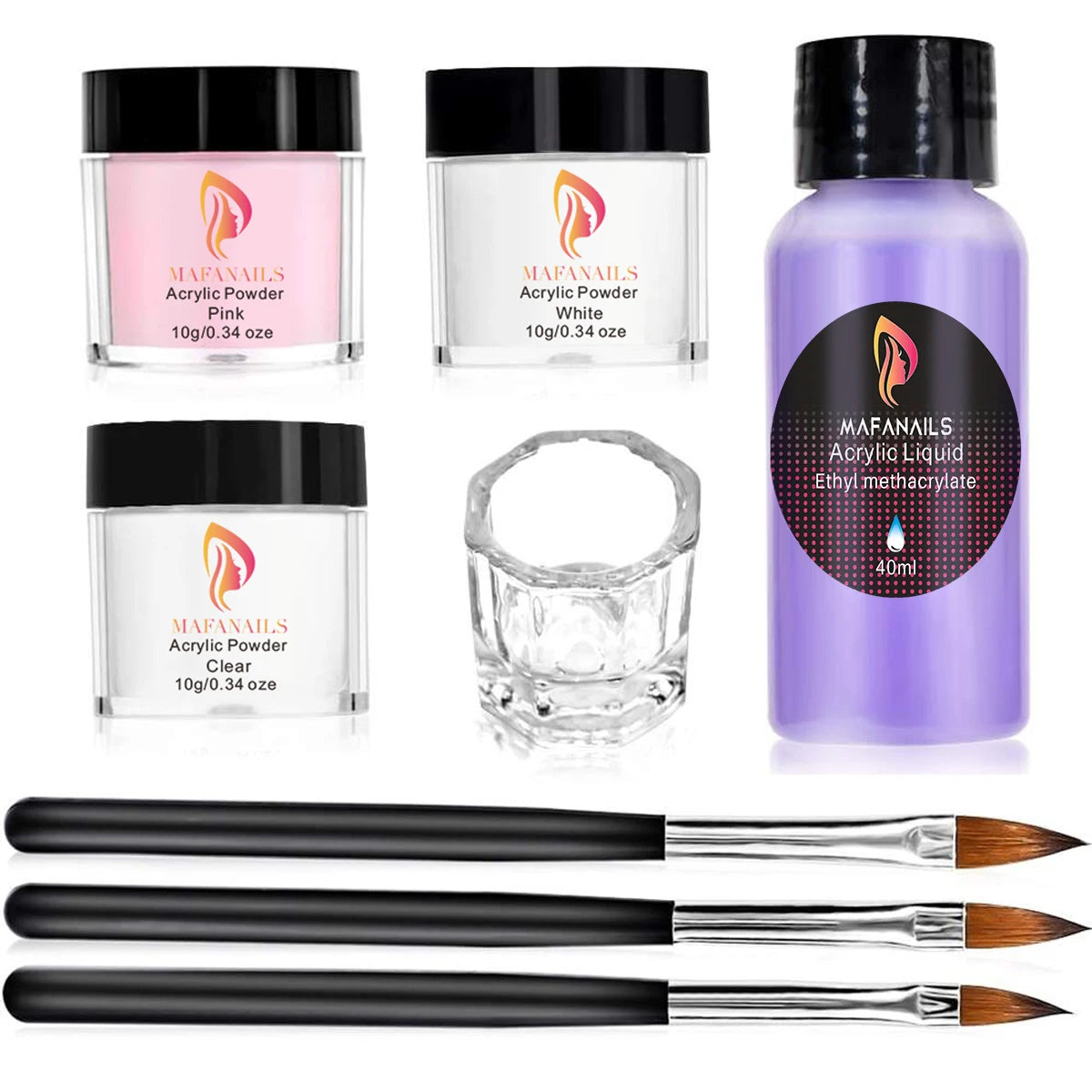A set of Mafanails acrylic powder, liquid, and professional nail brushes in various packaging.