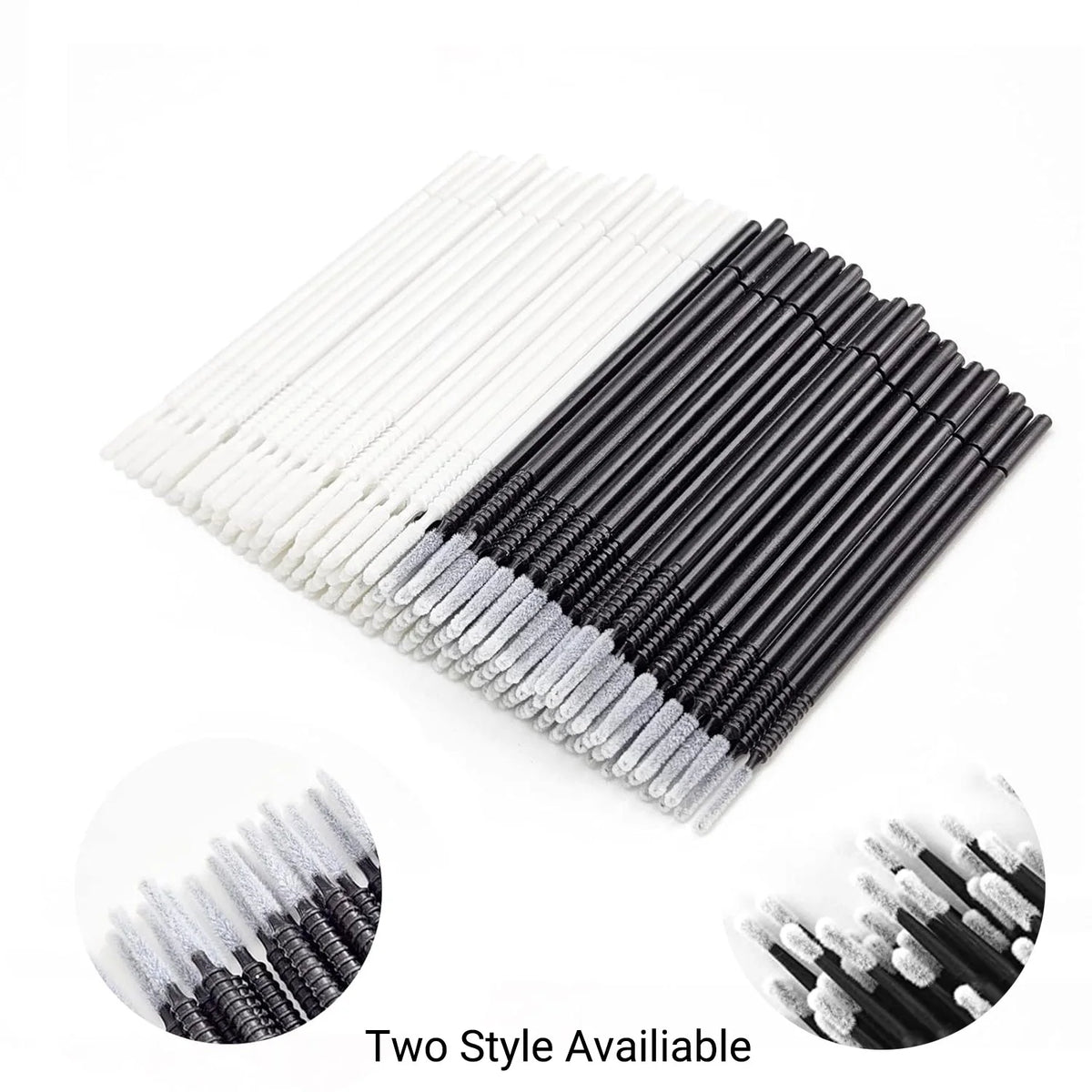 A collection of two styles of bulk eyelash extension cleaning swabs, showing white and black tips.