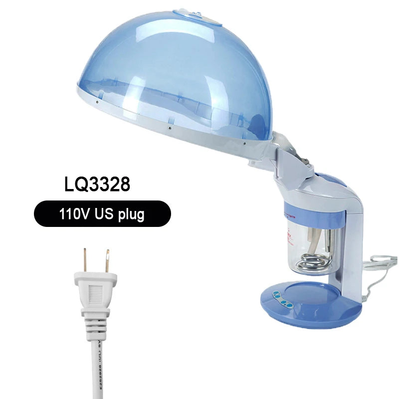 A light blue facial and hair steamer device with a dome head and power cord plugged into a wall outlet.