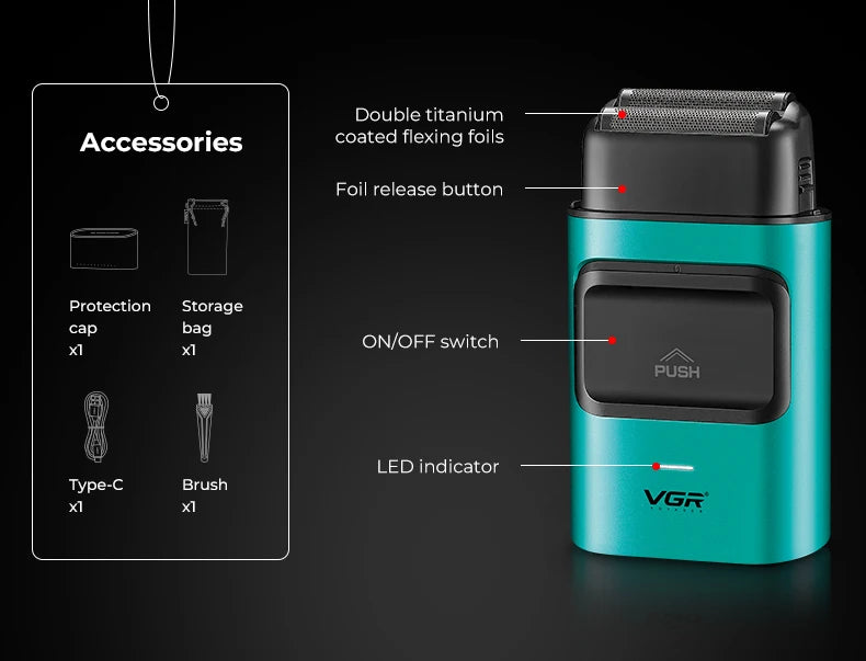A teal electric hair trimmer with a black body, showing various accessories and controls.
