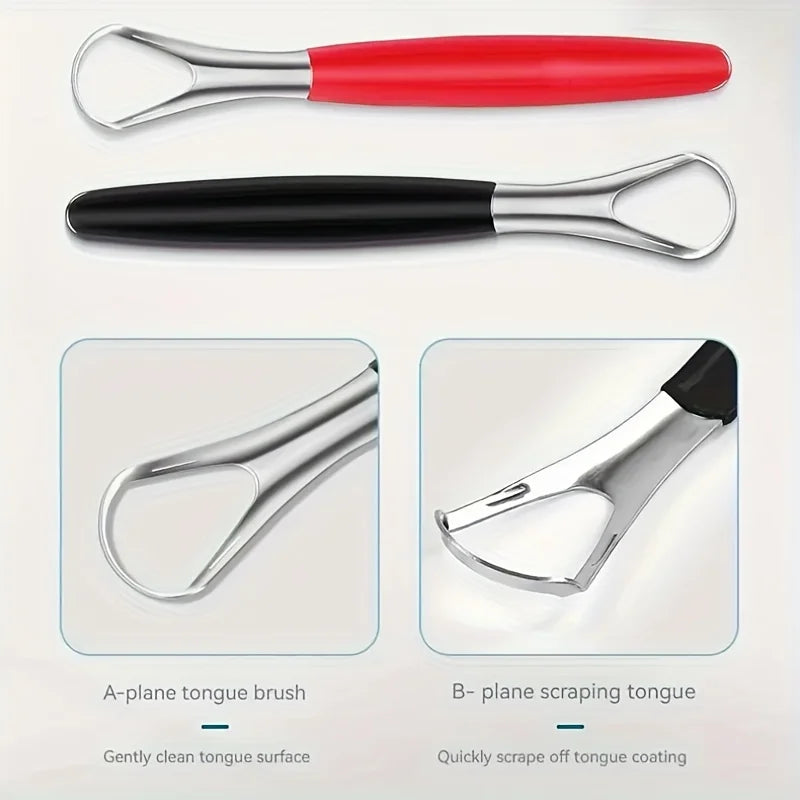 Raspador de lengua de acero inoxidable en rojo y negro, con primeros planos de raspado de lenguas A y B.