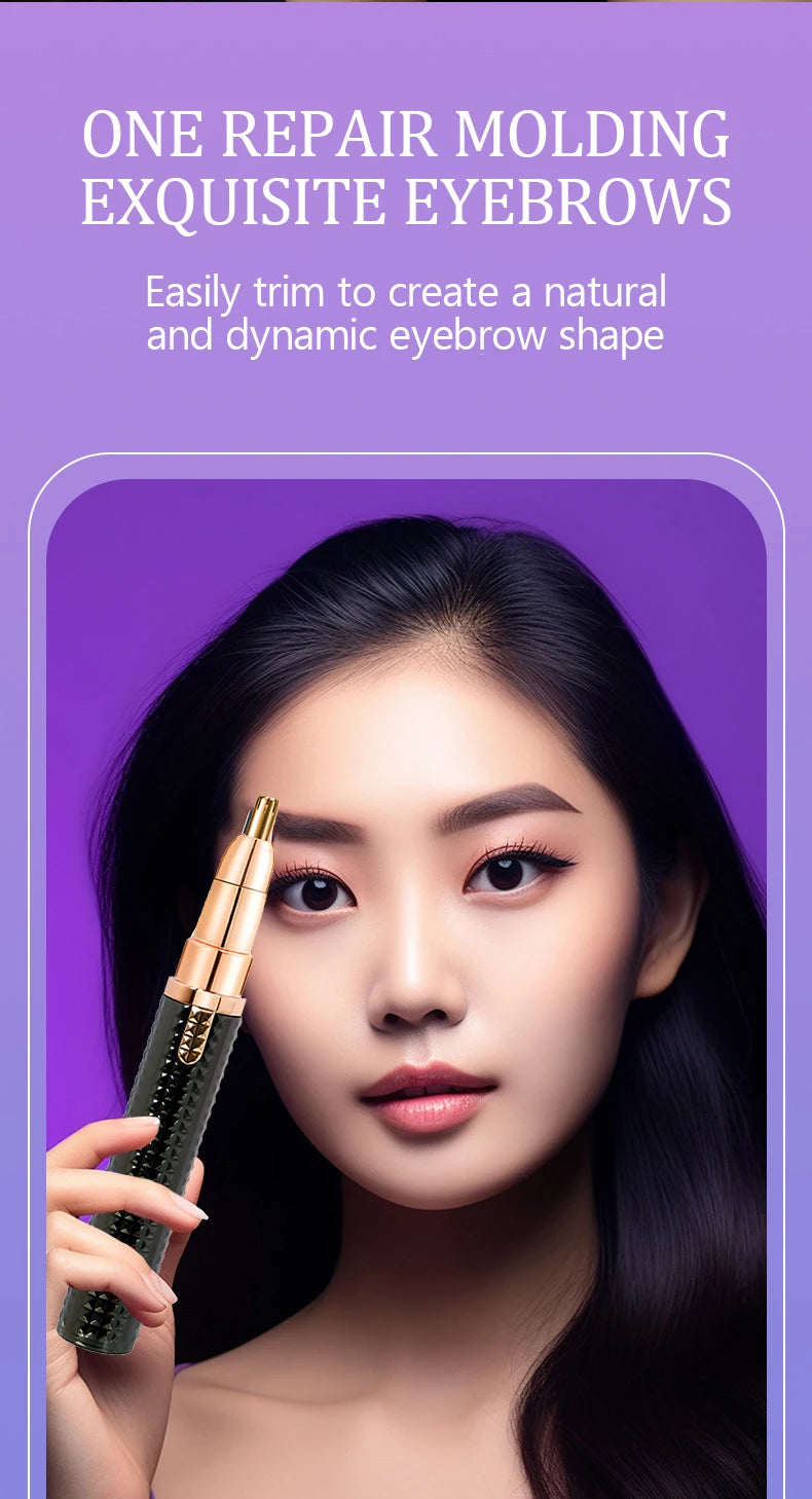 A woman is using a black electric facial hair remover tool to shape her eyebrows.