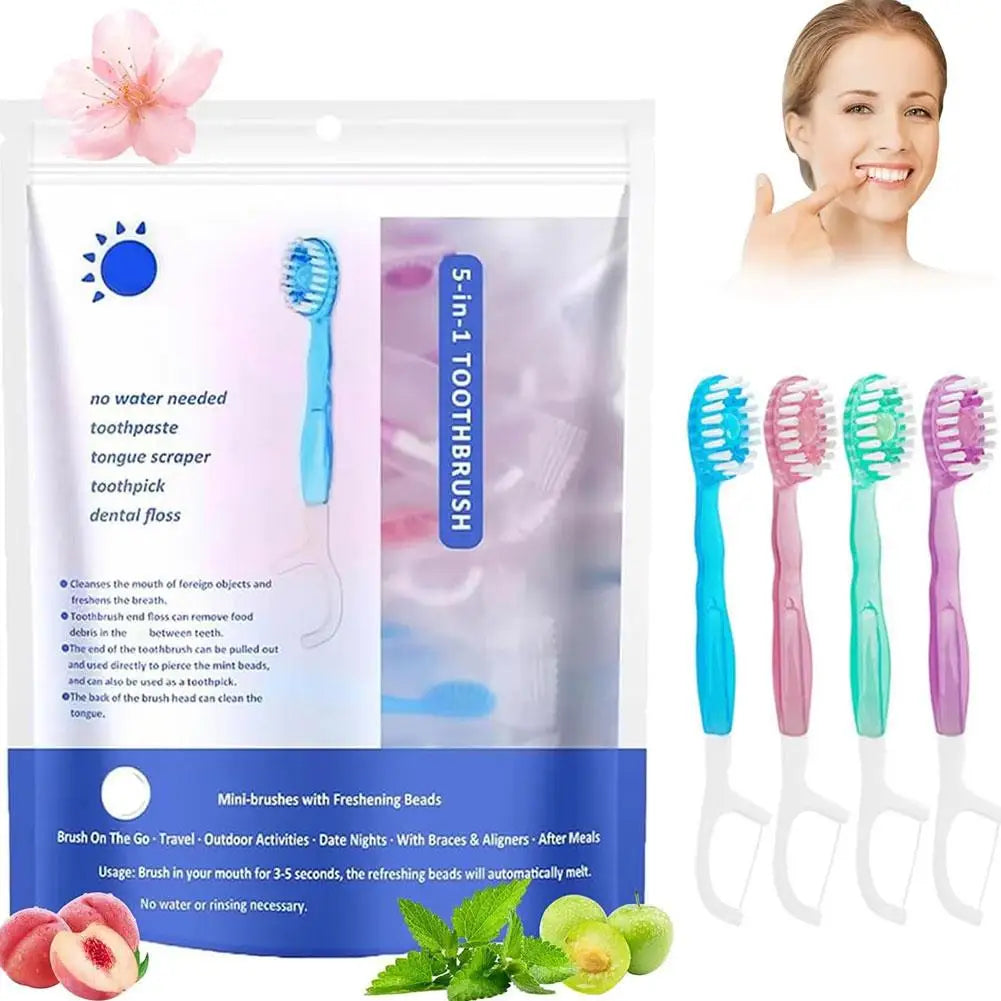 A set of five-in-one toothbrushes with freshening beads shown next to a smiling woman