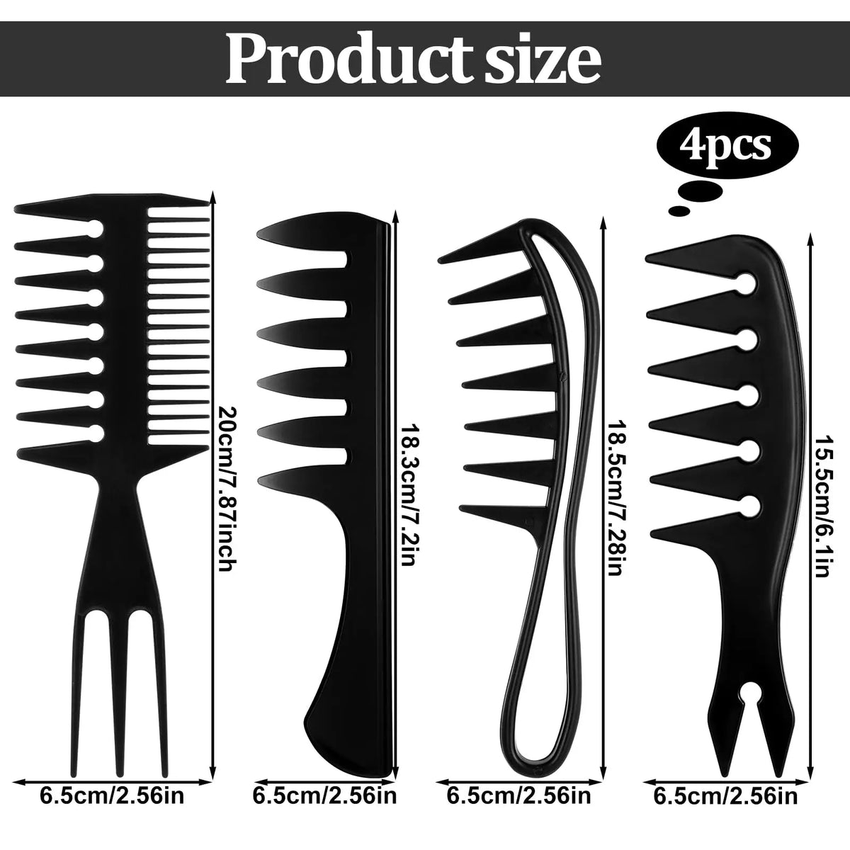 A set of four black wide tooth combs for men's hair styling, showing various sizes and dimensions.