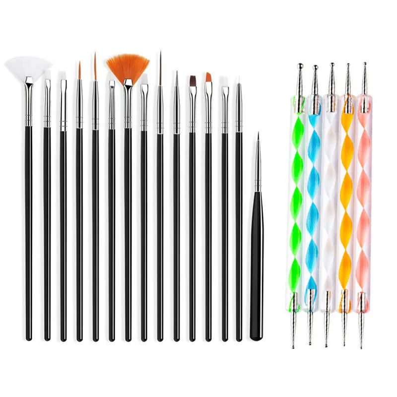 A collection of precision nail art brushes with various shapes and colors including flat, pointed, and fan-shaped brushes.