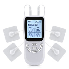 A white portable EMS muscle stimulator device with a digital display and electrode pads.