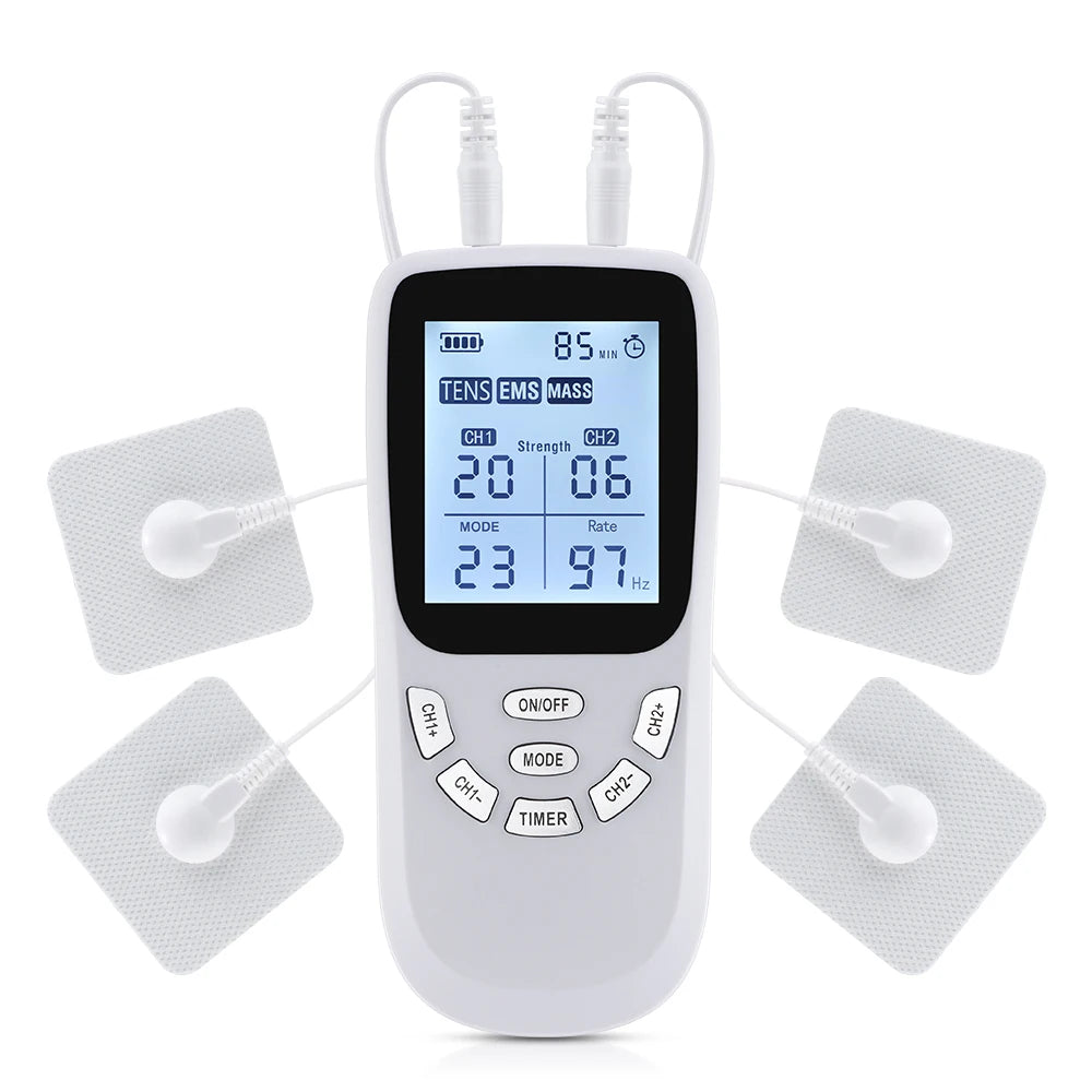 A white portable EMS muscle stimulator device with a digital display and electrode pads.