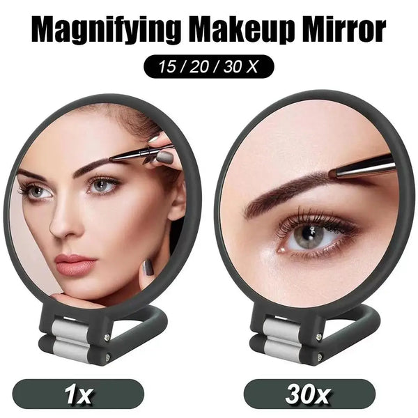 A magnifying makeup mirror showing a close-up of an eye and eyebrow, with options for 1x, 20x, and 30x magnification.