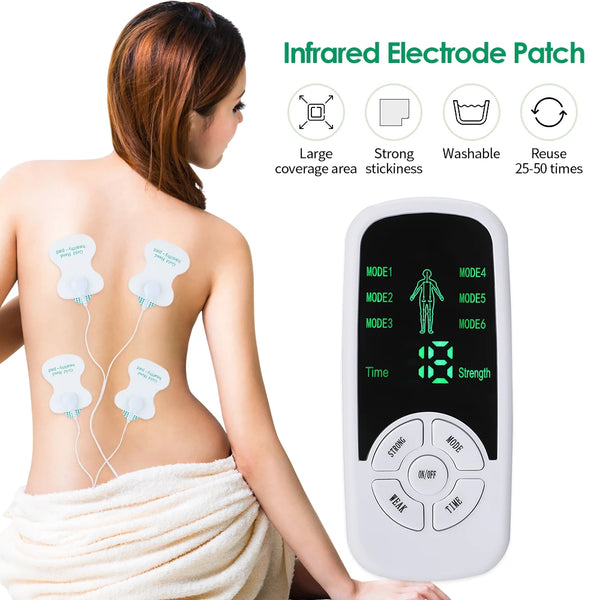 An infrared electrode patch massager device is shown next to a woman applying the patch to her back.