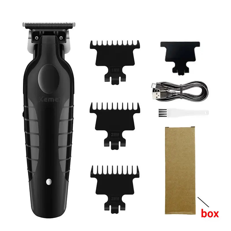 A black professional electric hair clipper kit with various attachments and a cardboard box.